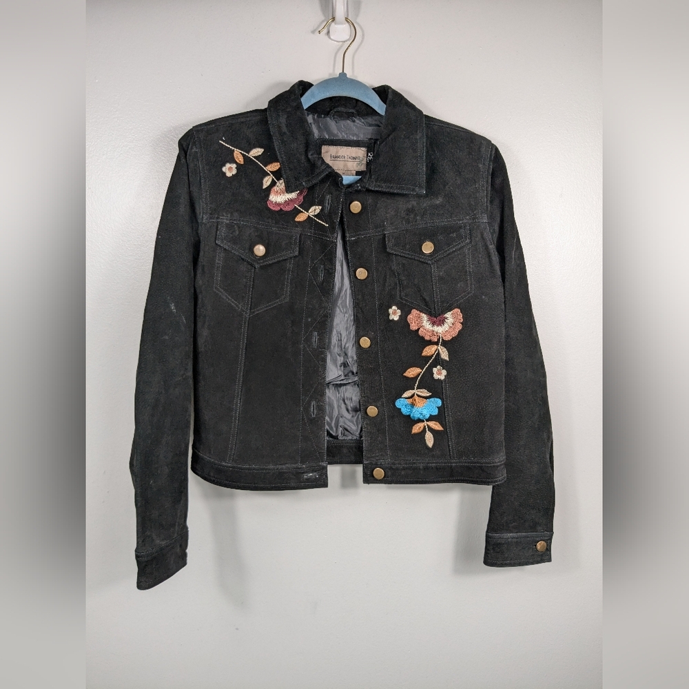 Brandon Thomas Suede Leather Jacket Womens Sz M Long Sleeve Button Floral Black - Picture 9 of 12